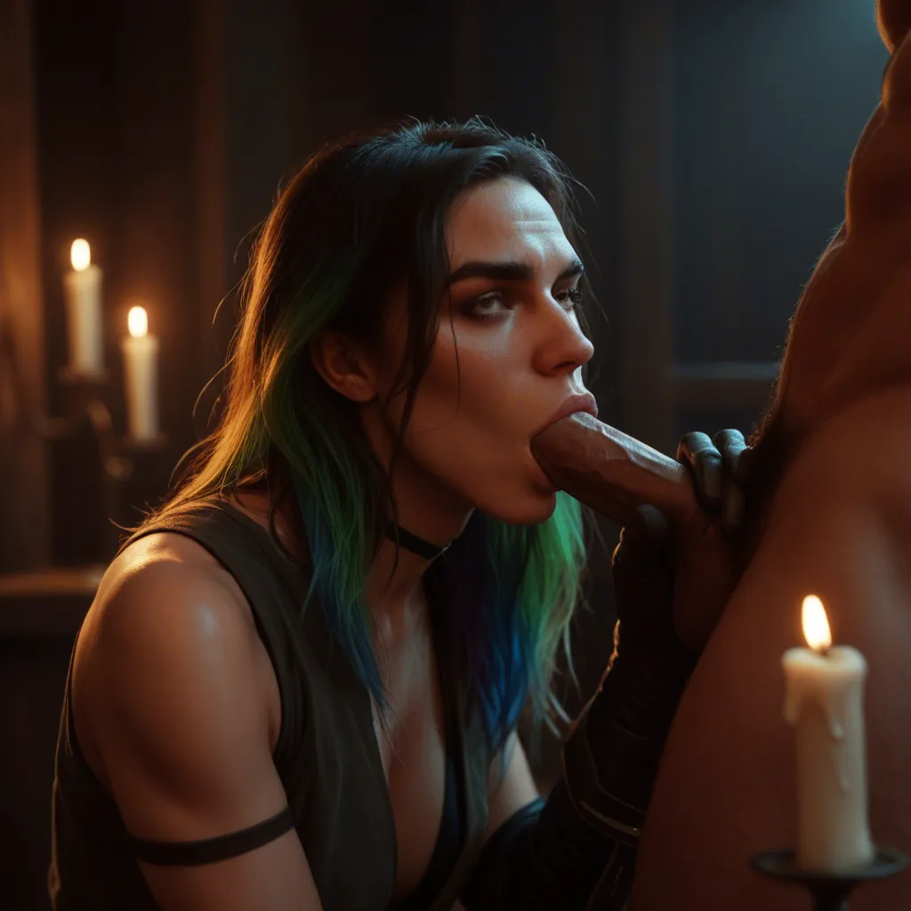 best quality, hyperrealistic, male focus, multicolored hair, gloves, deepthroat, candlelight, lifelike render