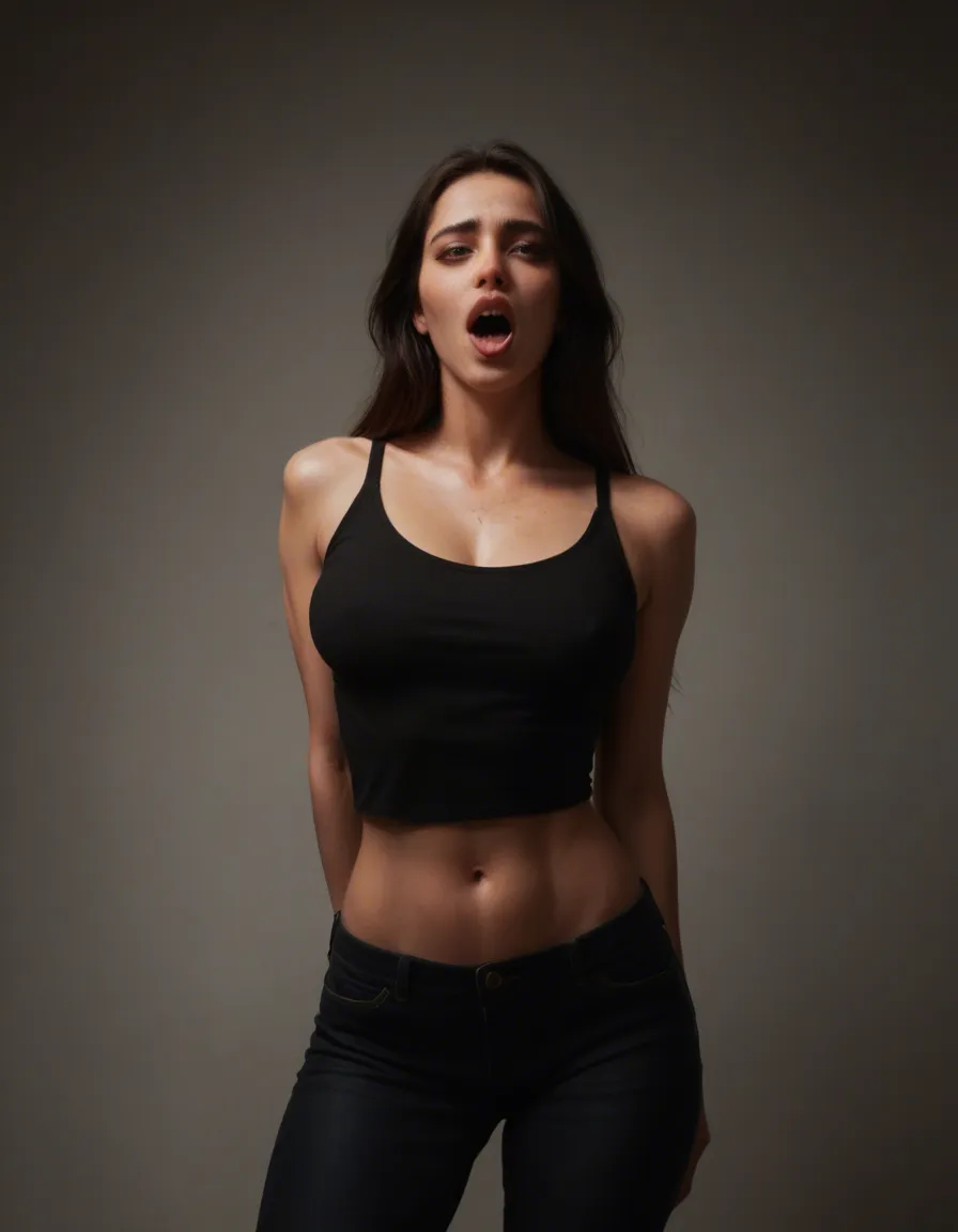 sharp focus, 8k uhd, succubus, pants, ahegao, spotlight, hyperrealistic, score_9, score_8, candid photo, realistic skin texture, visible skin pores, film grain, depth of field
