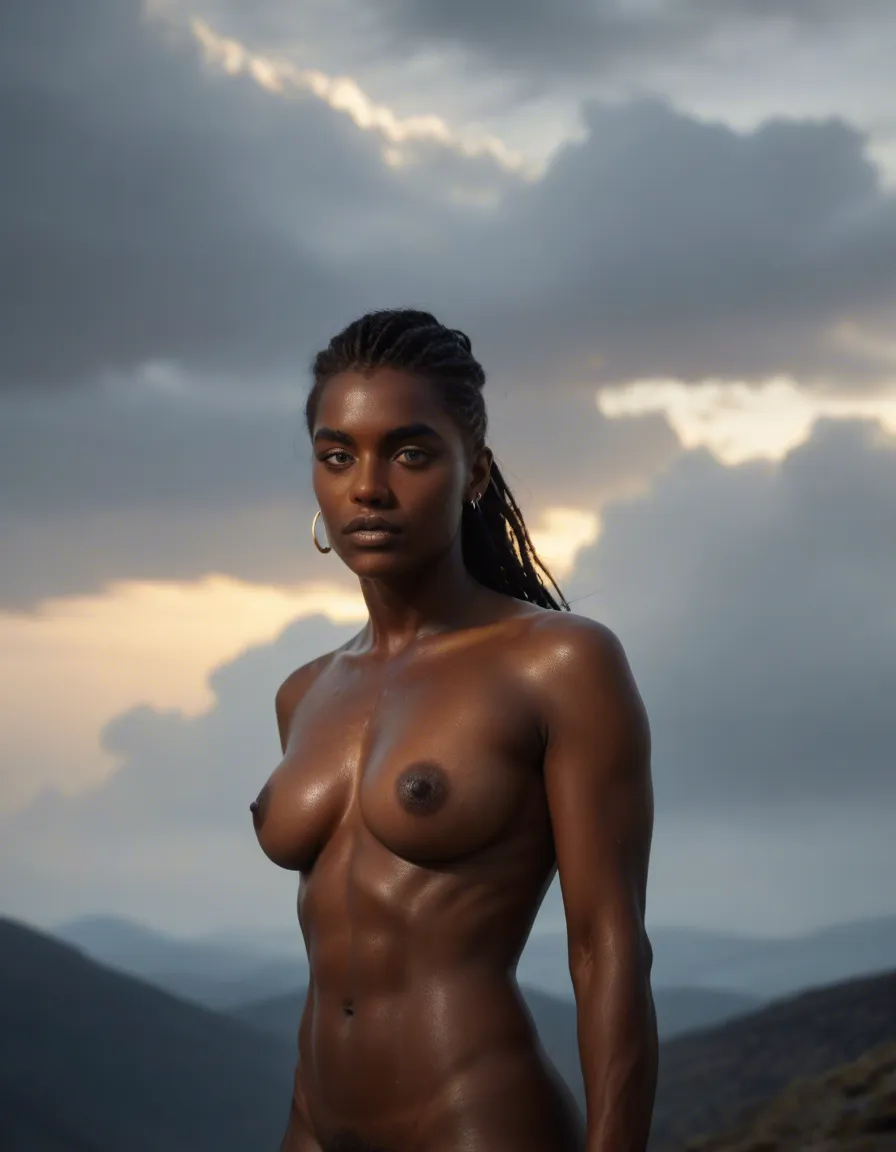 studio quality, sharp focus, male focus, futanari, dark skin, cloudy sky, wild energy, studio photo, score_9, score_8, candid photo, realistic skin texture, visible skin pores, film grain, depth of field