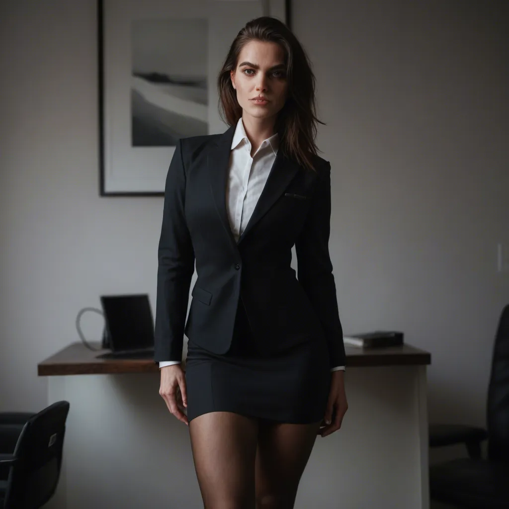 dslr, film grain, photorealistic, office lady, boots, futanari, neon glow, 8k uhd photo