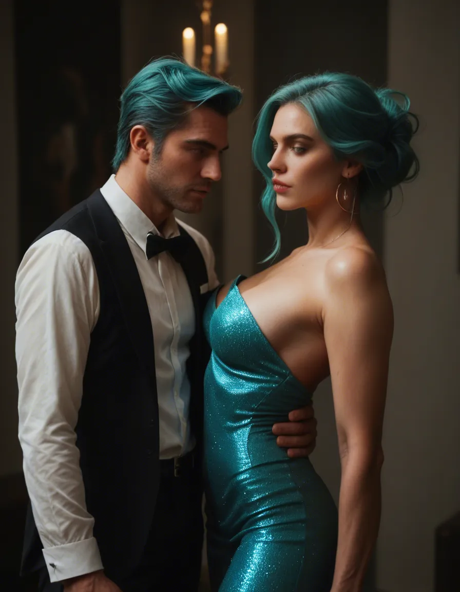 RAW photo, ultra realistic, 2boys, aqua hair, evening gown, presenting, score_9, score_8, candid photo, realistic skin texture, visible skin pores, film grain, depth of field