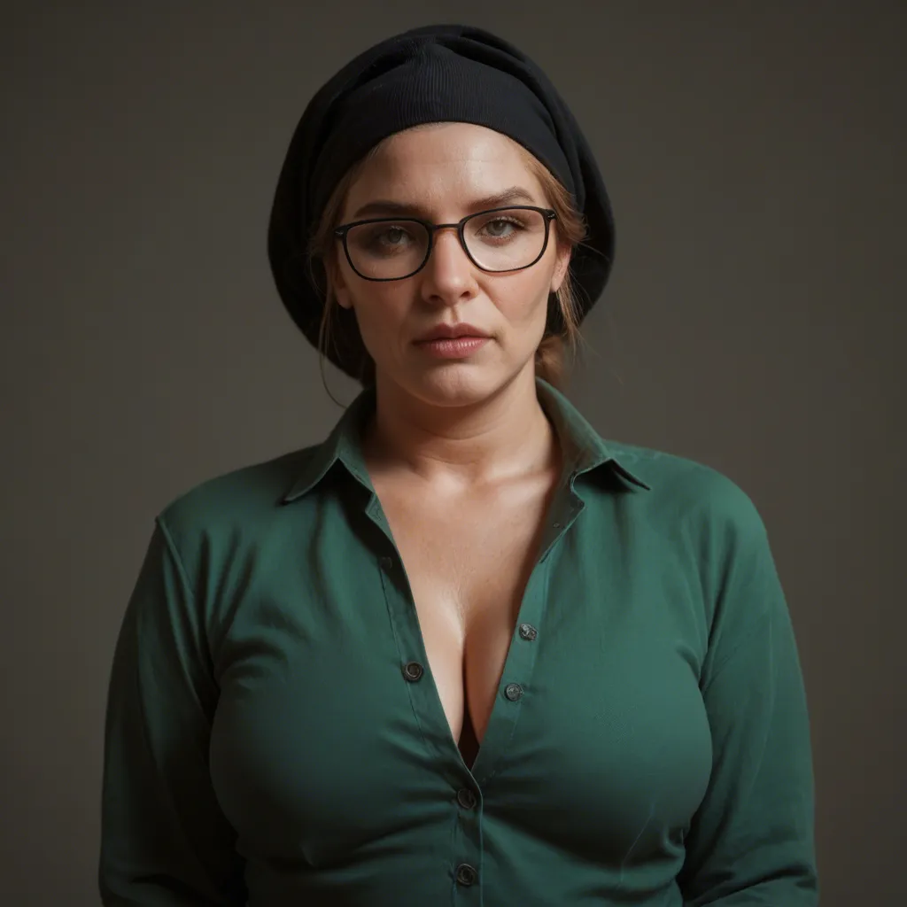 ultraorthodox chubby Jewish woman, milf, hair wrapped by black headscarf, glasses, open unbuttoned dark green shirt exposing her tits, long sleeves, loose and open bra exposing her tits, ripped pantyhose, panties pushed aside, big tits, hairy pussy, laying on back on table, spread legs, moaning, vaginal, man is spreading her legs and thrusting his cock into her hairy pussy, huge cock