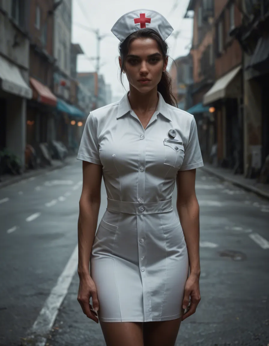 8k, sharp focus, detailed skin, nurse, presenting, athletic build, outdoors, 8k uhd photo, score_9, score_8, candid photo, realistic skin texture, visible skin pores, film grain, depth of field