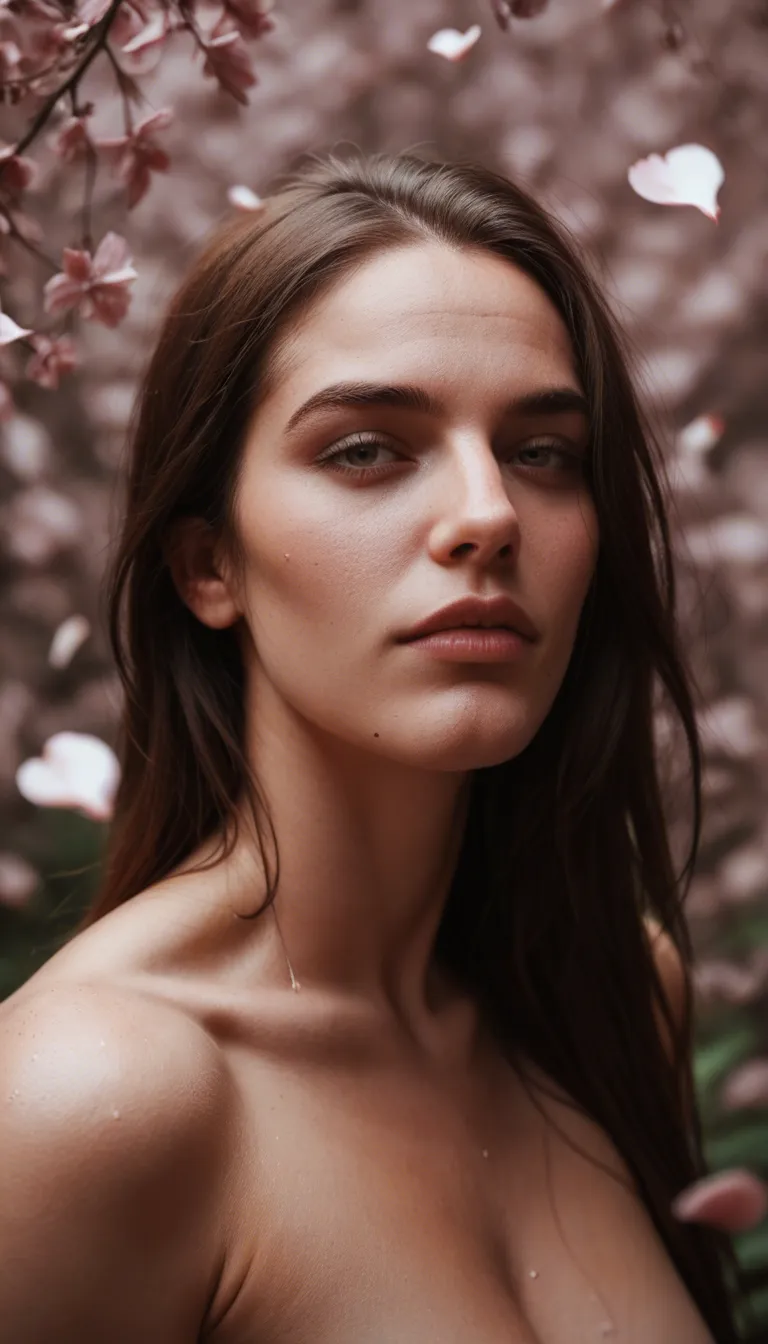 best quality, hyperrealistic, over the shoulder, solo, squirting, bare arms, petals, dslr quality