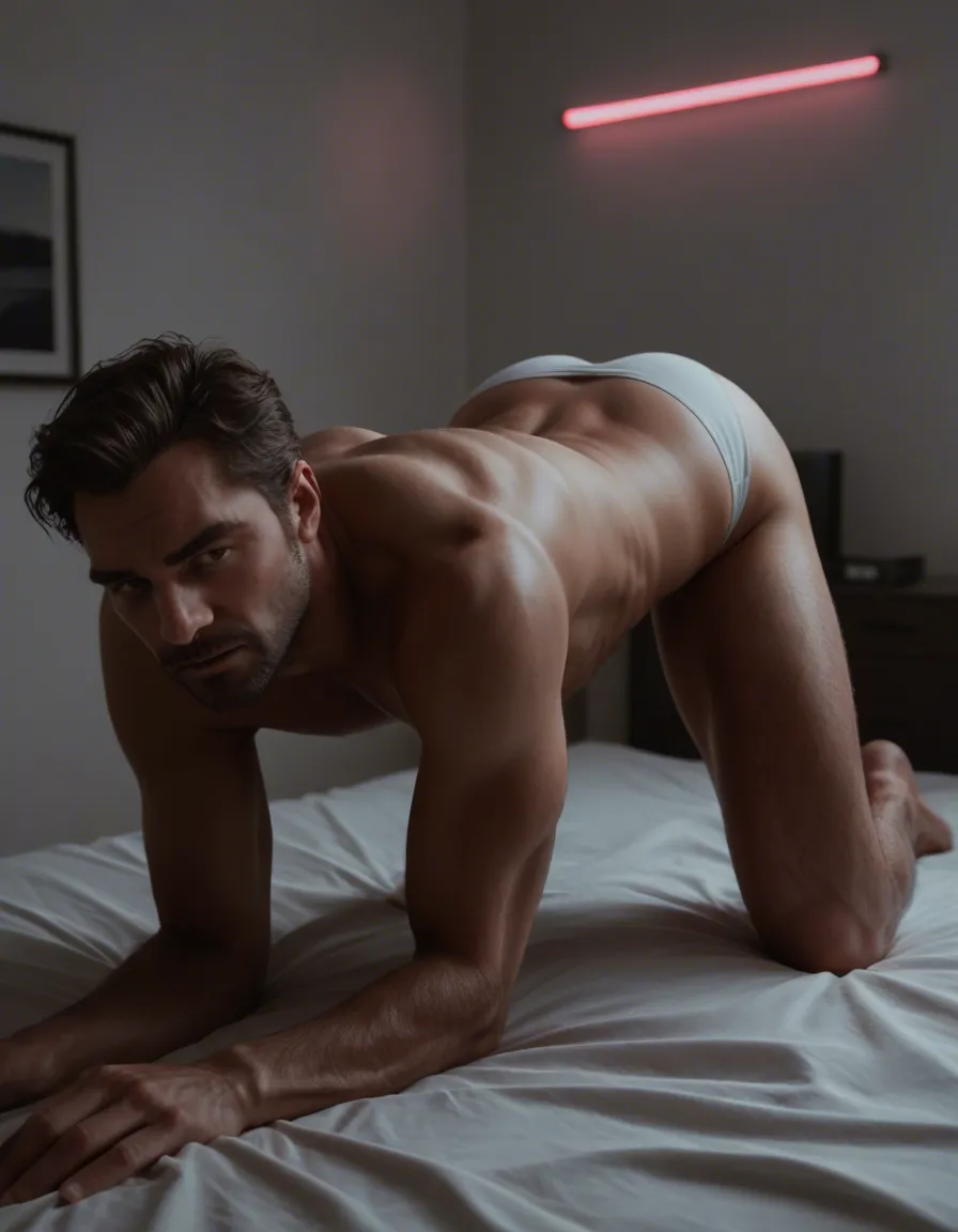 dslr, film grain, photorealistic, male focus, legs, underwear, on all fours, bed sheet, portrait, neon glow, dslr quality, score_9, score_8, candid photo, realistic skin texture, visible skin pores, film grain, depth of field