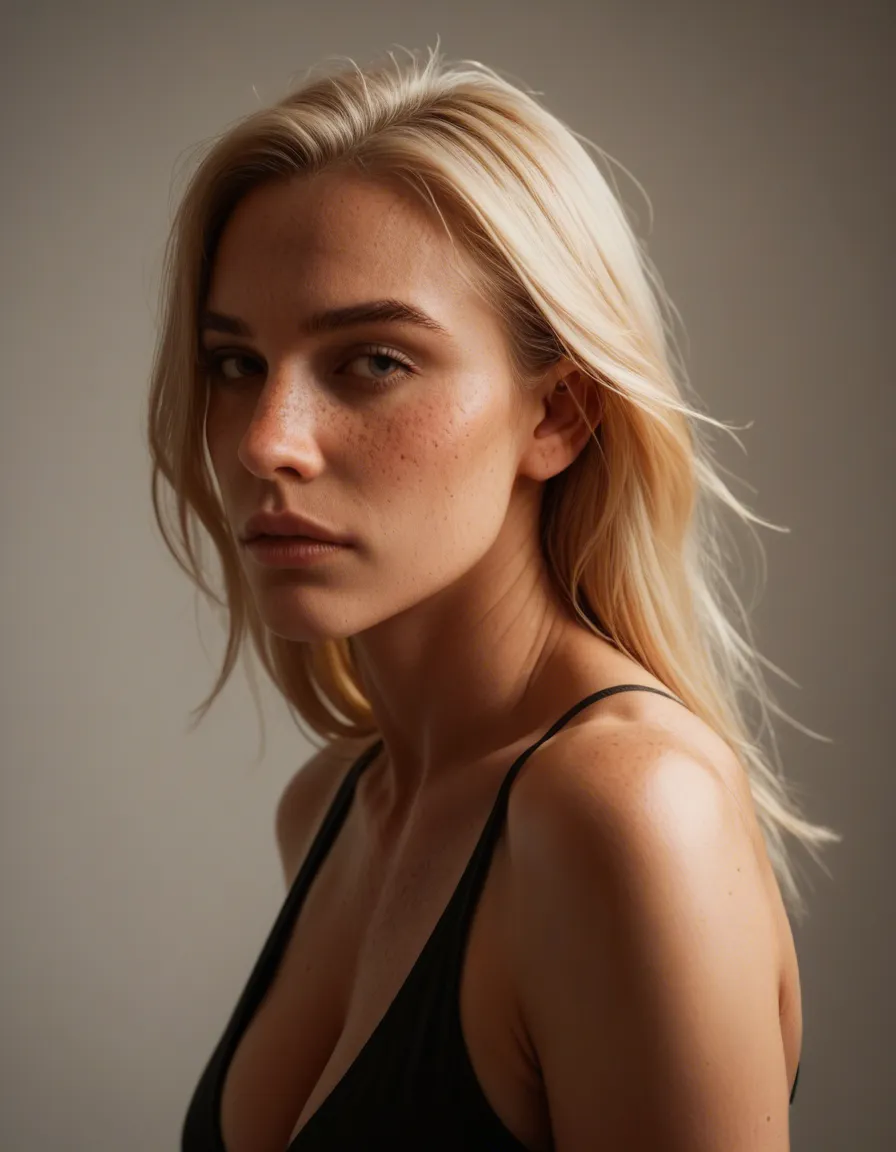 8k, sharp focus, detailed skin, side view, male focus, fully nude, cleavage, relaxed mood, studio photo, pubic_hair, blonde_hair, freckles, score_9, score_8, candid photo, realistic skin texture, visible skin pores, film grain, depth of field