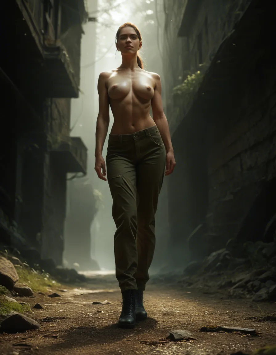 highly detailed, natural lighting, low angle, solo female, topless, black footwear, military, relaxed mood, film photography, score_9, score_8, candid photo, realistic skin texture, visible skin pores, film grain, depth of field