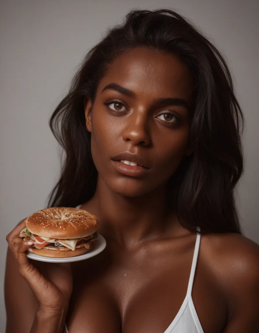 dslr, film grain, photorealistic, bunny woman, dark-skinned female, food, presenting, transparent background, RAW photo, score_9, score_8, candid photo, realistic skin texture, visible skin pores, film grain, depth of field