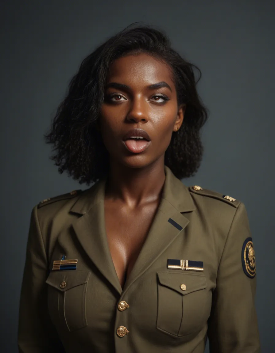 professional photo, high detail, demon woman, ahegao, dark-skinned female, military, RAW photo, score_9, score_8, candid photo, realistic skin texture, visible skin pores, film grain, depth of field