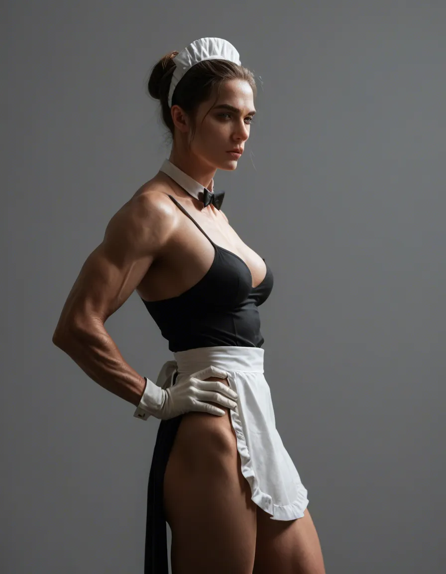 studio quality, sharp focus, maid, muscular male, gloves, hand on hip, creampie, grey background, side view, dramatic lighting, natural skin texture, score_9, score_8, candid photo, realistic skin texture, visible skin pores, film grain, depth of field