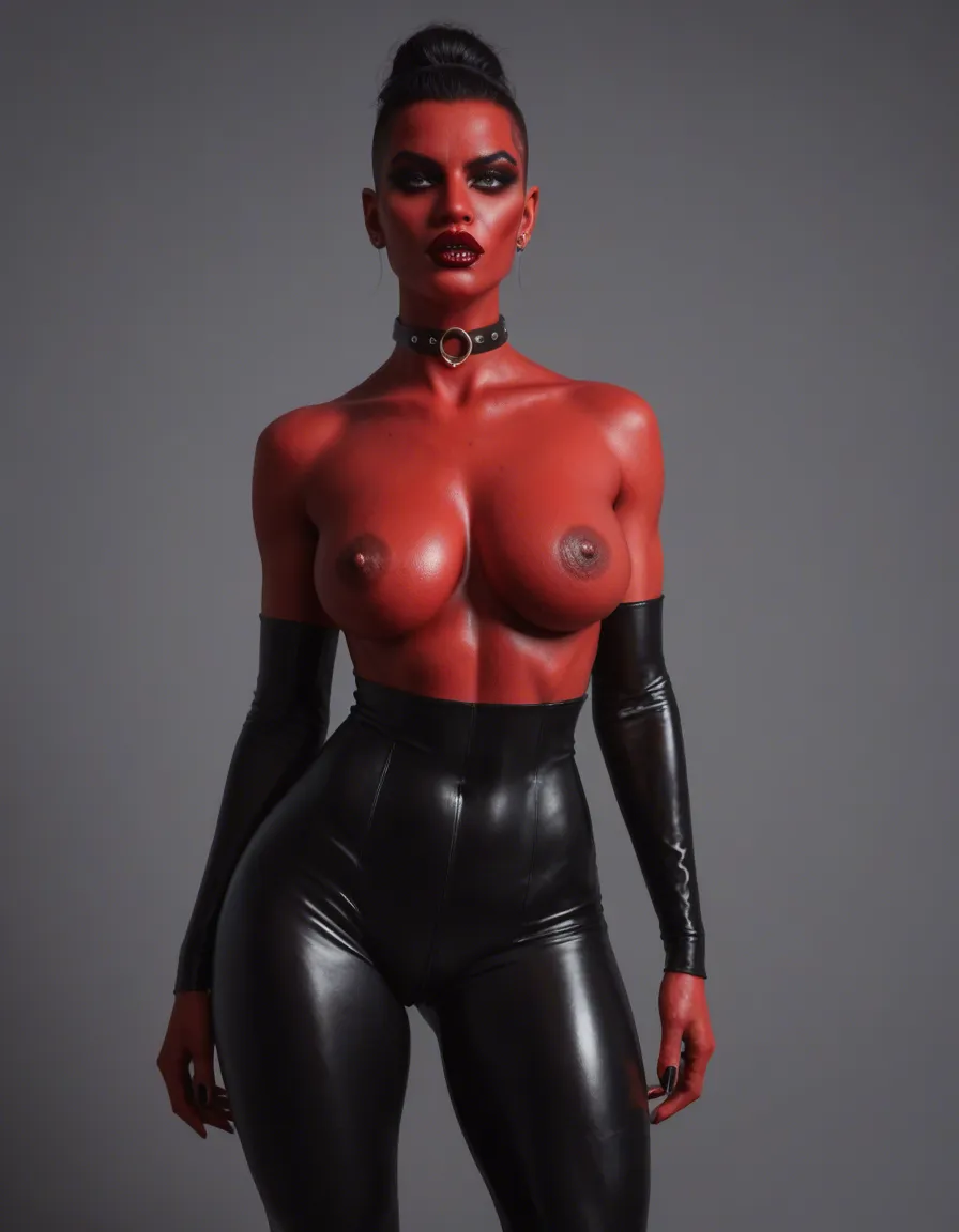 futanari, masterpiece, best quality, solo, 1woman, crimson lipstick, sharp eyeliner, smoky eyes, big lips, slick black hair tied back, futa, adult woman, domina, wearing sleek black latex with crimson accents, choker collar, high cut-outs reveal thighs, nipple cutout, penis cutout, nipple piercing, dim red and black lighting casting shadows on skin, soft glow from neon signs behind her back, playful smirk, looking at viewer, BREAK detailed leather textures contrasted by smooth latex, (black accessories, rings, bracelets), bokeh effect, depth in background, dynamic pose, conveying power, high resolution, detail enhancing, texture realism, inside, plush velvet seat, dark private BDSM club, (front view, dutch angle)

She bull east_asian_architecture, score_9, score_8, candid photo, realistic skin texture, visible skin pores, film grain, depth of field