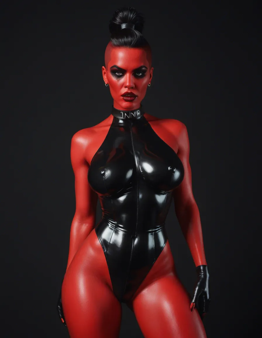 futanari, masterpiece, best quality, solo, 1woman, crimson lipstick, sharp eyeliner, smoky eyes, big lips, slick black hair tied back, futa, adult woman, domina, wearing sleek black latex with crimson accents, choker collar, high cut-outs reveal thighs, nipple cutout, penis cutout, nipple piercing, dim red and black lighting casting shadows on skin, soft glow from neon signs behind her back, playful smirk, looking at viewer, BREAK detailed leather textures contrasted by smooth latex, (black accessories, rings, bracelets), bokeh effect, depth in background, dynamic pose, conveying power, high resolution, detail enhancing, texture realism, inside, plush velvet seat, dark private BDSM club, (front view, dutch angle)

She bull east_asian_architecture, score_9, score_8, candid photo, realistic skin texture, visible skin pores, film grain, depth of field 
Naked big dick cum dripping around 18 inch and 8 inch girth
Tattoed body muscular and armpits visible, score_9, score_8, candid photo, realistic skin texture, visible skin pores, film grain, depth of field
