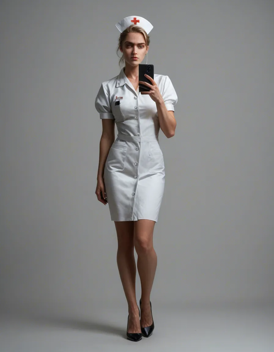 cinematic photo, 8k, nurse, black footwear, puffy sleeves, futanari, grey background, cowboy shot, lifelike render, score_9, score_8, amateur photo, phone snapshot, realistic skin texture, skin blemishes, soft indoor lighting