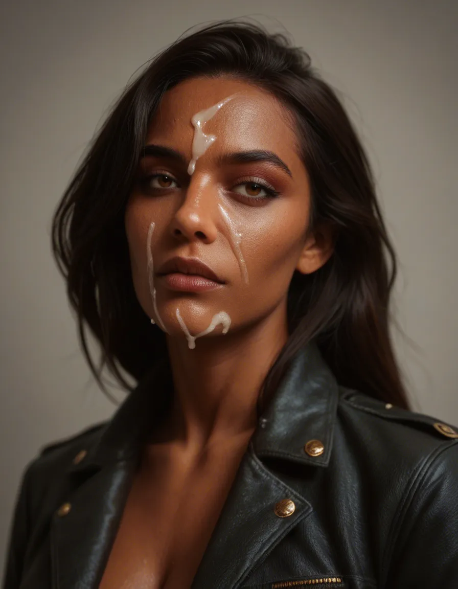 studio quality, sharp focus, demon woman, jacket, cum on face, lifelike render, score_9, score_8, candid photo, realistic skin texture, visible skin pores, film grain, depth of field