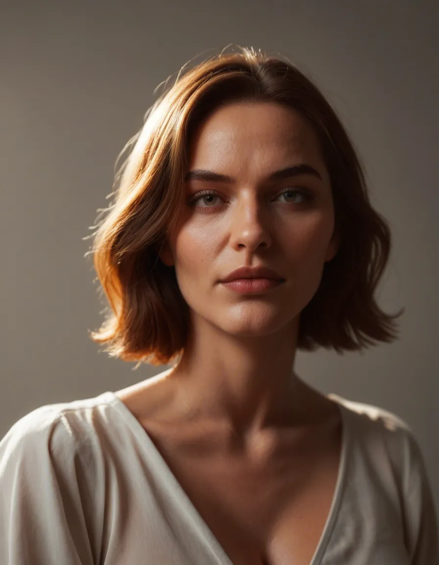studio quality, sharp focus, milf, parted bangs, puffy sleeves, presenting, soft lighting, hyperrealistic, score_9, score_8, candid photo, realistic skin texture, visible skin pores, film grain, depth of field