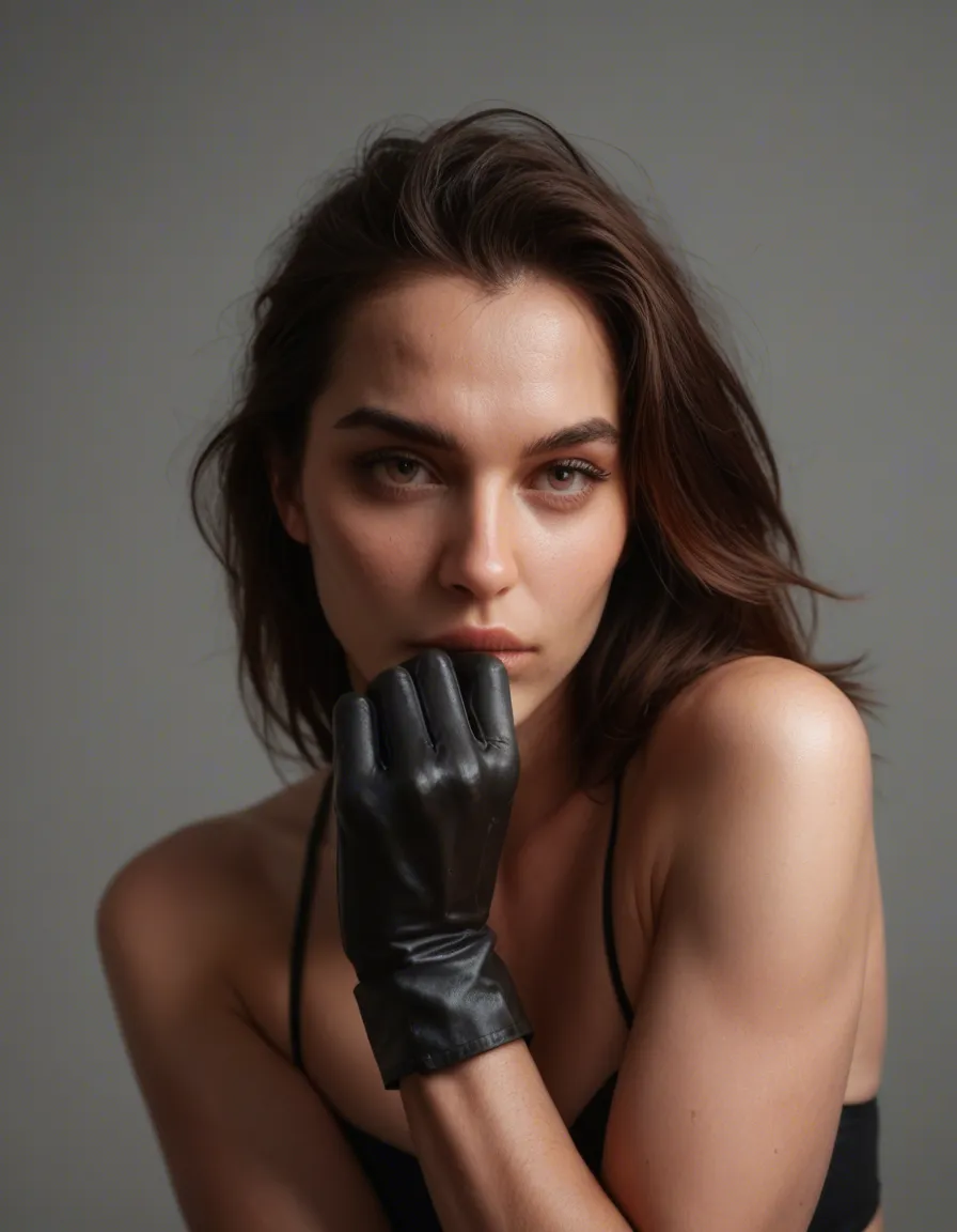 cinematic photo, 8k, solo focus, bare arms, gloves, presenting, grey background, hyperrealistic, score_9, score_8, candid photo, realistic skin texture, visible skin pores, film grain, depth of field