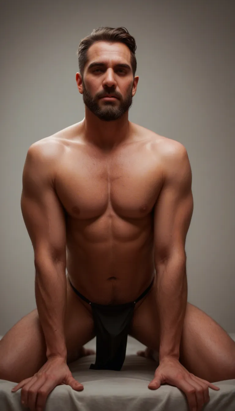 A gorgeous fully naked supermodel fucked doggystyle by a fully naked thin middle-aged man who has a slight gut, a long brown beard, unkempt medium length hair, and wearing glasses; in a rich bedroom