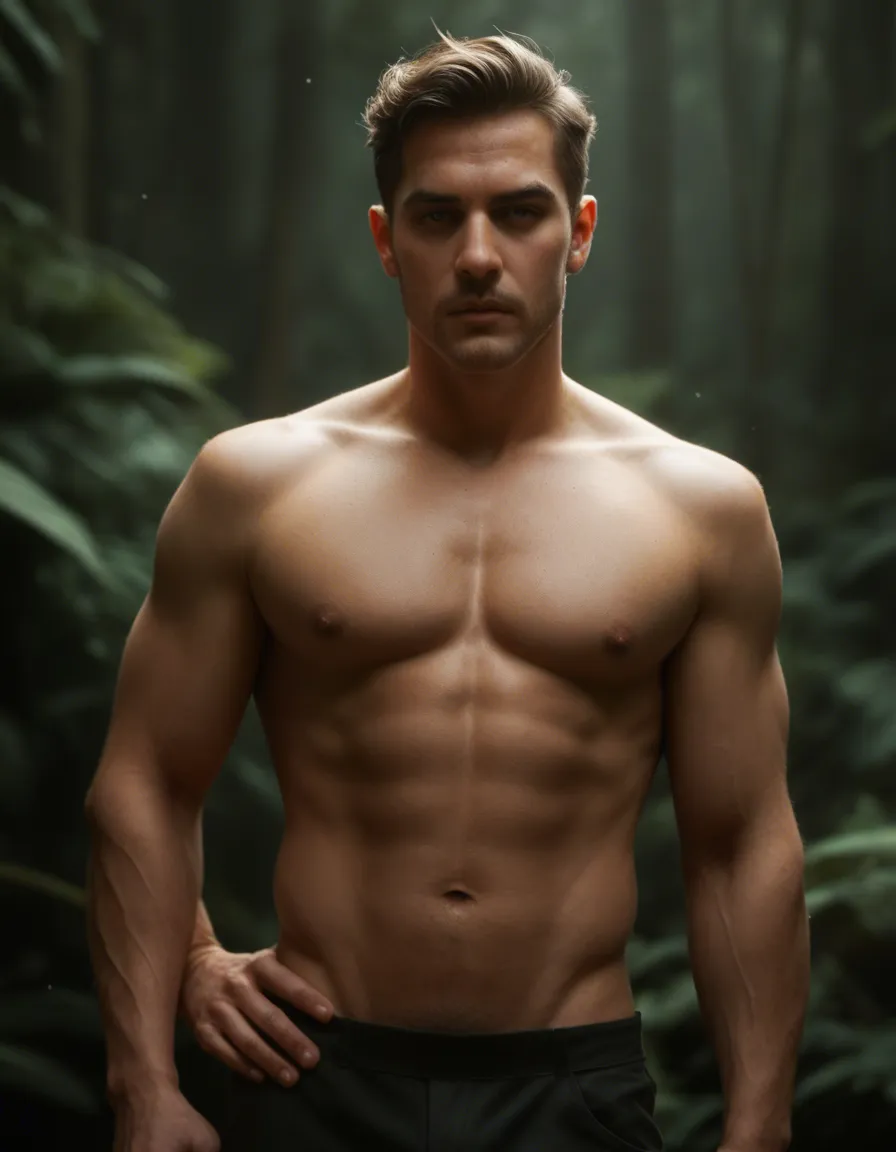 highly detailed, natural lighting, 1boy, topless, hand on own hip, seductive look, photorealistic, score_9, score_8, candid photo, realistic skin texture, visible skin pores, film grain, depth of field