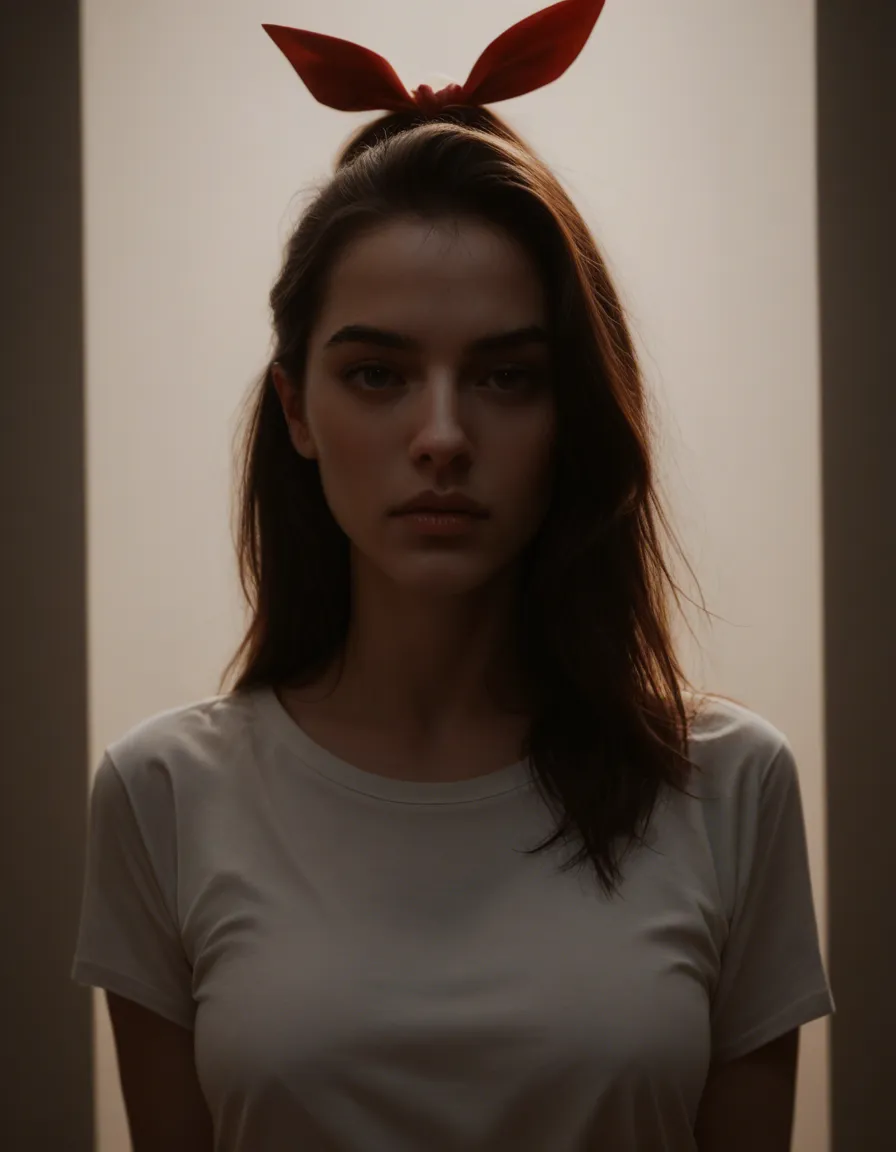 dslr, film grain, photorealistic, brunette woman, hair bow, shirt, bondage, backlit, lifelike render, score_9, score_8, amateur photo, phone snapshot, realistic skin texture, skin blemishes, soft indoor lighting