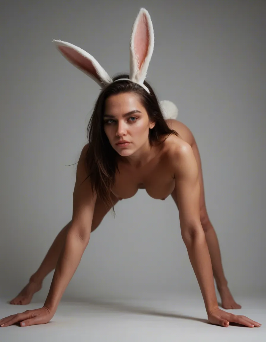best quality, hyperrealistic, bunny girl, bent over, animal ears, gradient background, playful expression, score_9, score_8, candid photo, realistic skin texture, visible skin pores, film grain, depth of field