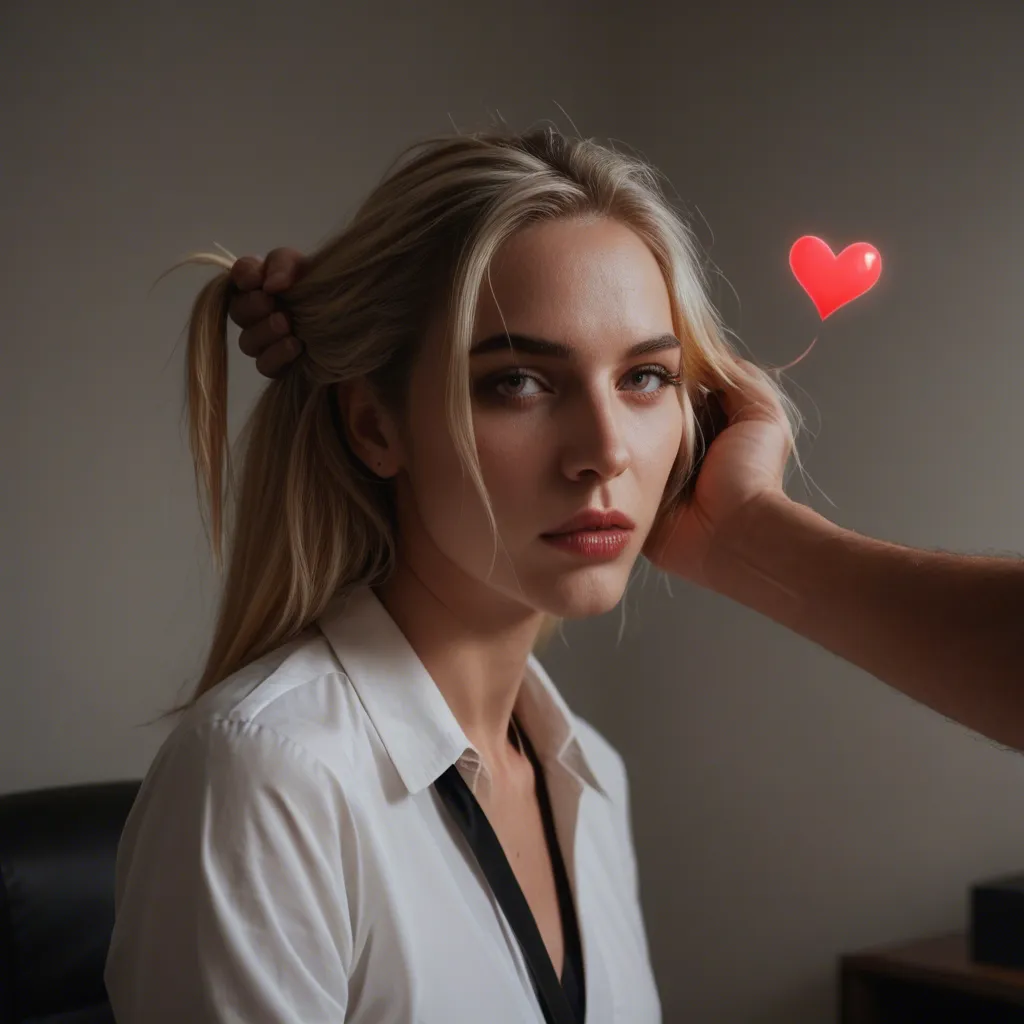RAW photo, ultra realistic, office lady, heart, hair pull, soft lighting, dslr quality cinematic photo, 8k, blonde girl, two-tone hair, striped_clothes, naked, naughty_face