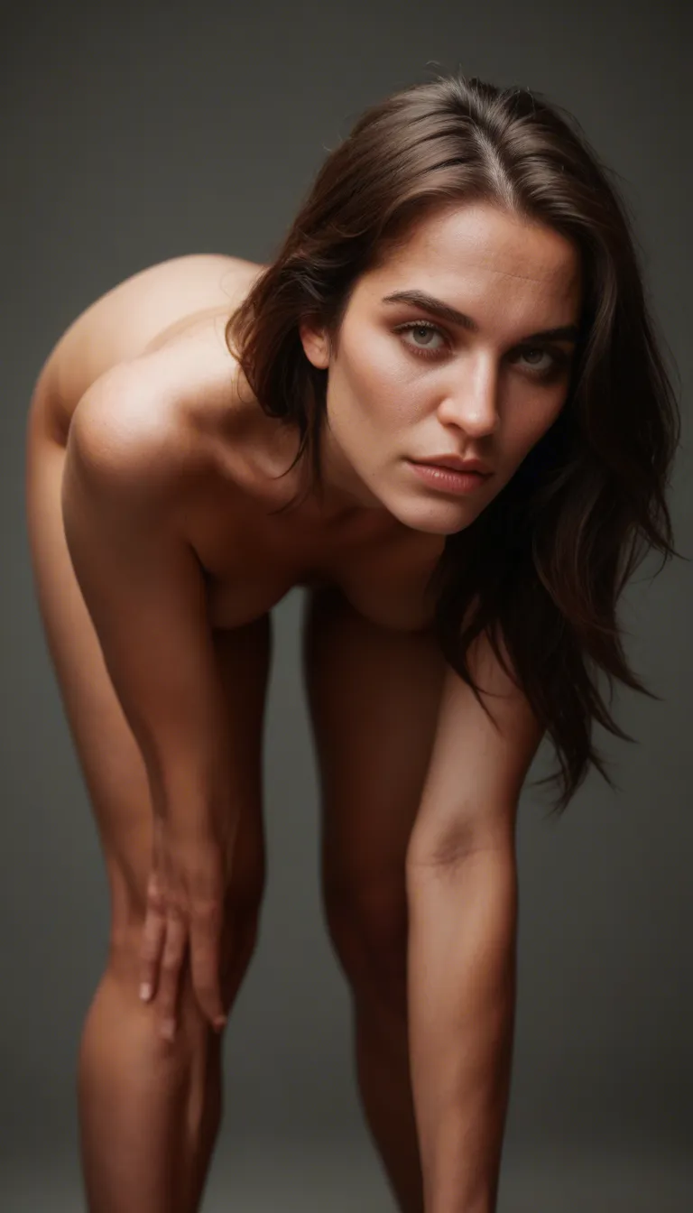 RAW photo, ultra realistic, brunette woman, bent over, navel, film photography