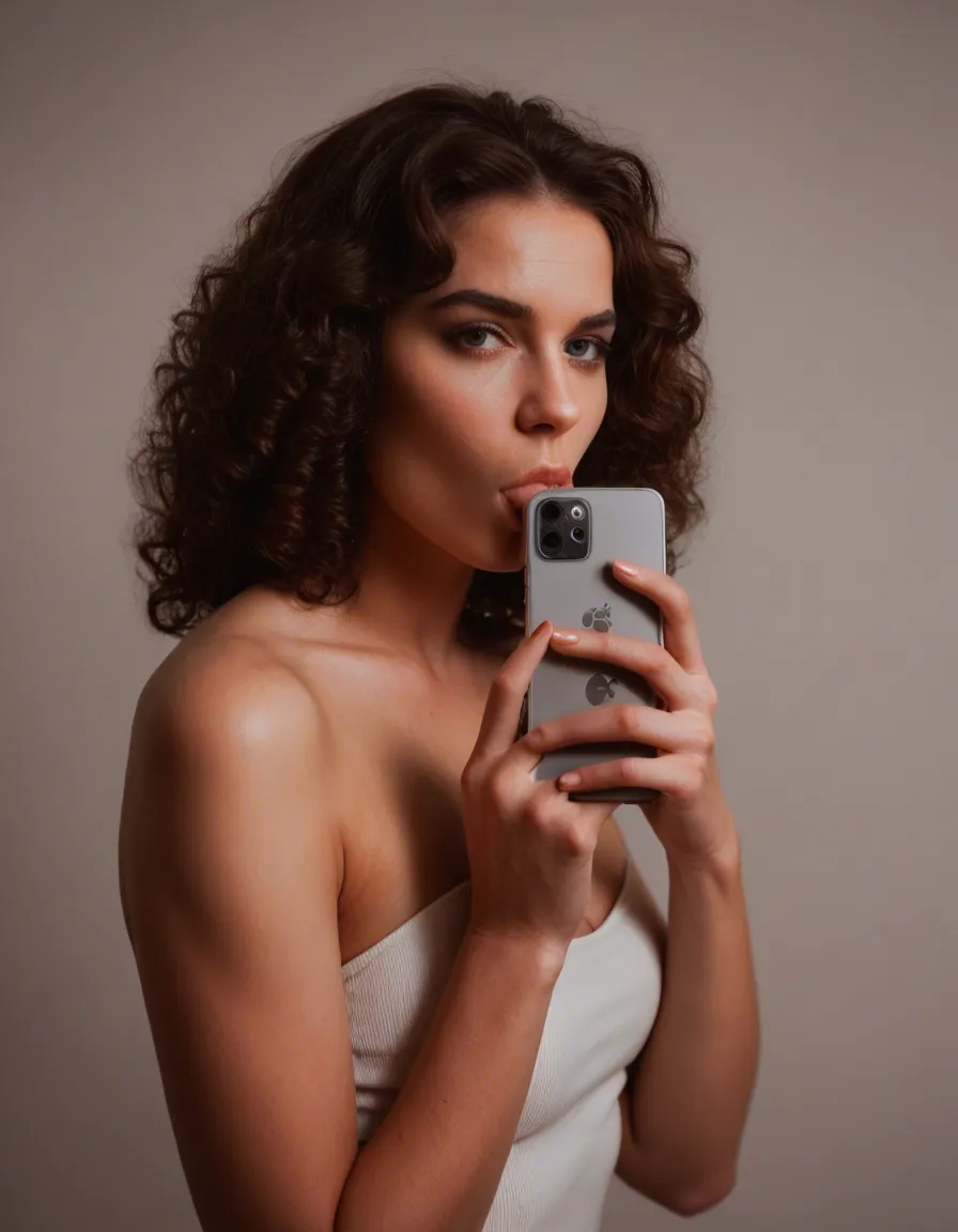 Hot brunette with curly hair suckin pen is in Slavs Leia cosplay, score_9, score_8, amateur photo, phone snapshot, realistic skin texture, skin blemishes, soft indoor lighting