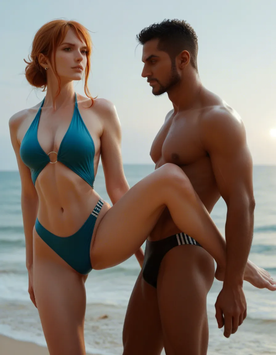 highly detailed, natural lighting, 2boys, swimsuit, leg up, ambient glow, cinematic realism, nami from one piece,, score_9, score_8, candid photo, realistic skin texture, visible skin pores, film grain, depth of field