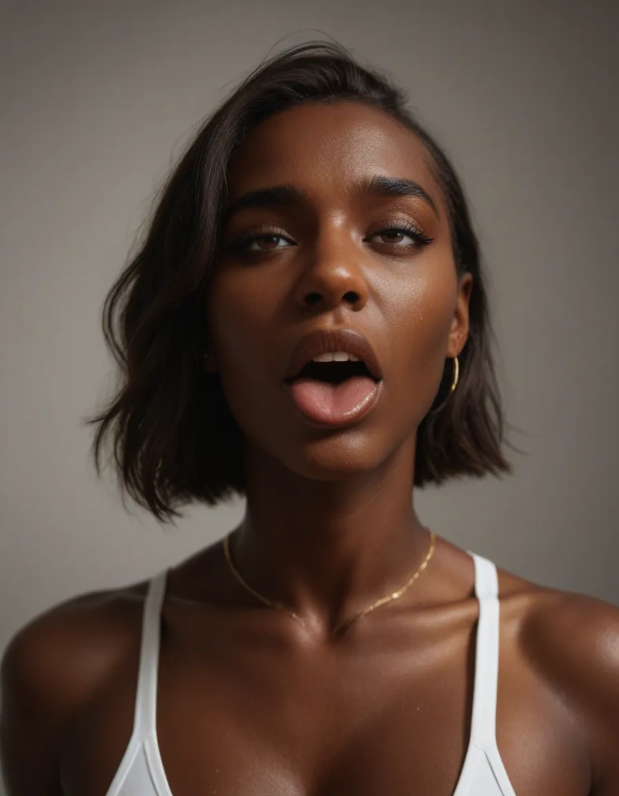 sharp focus, 8k uhd, brunette woman, ahegao, dark skin, cinematic realism, score_9, score_8, candid photo, realistic skin texture, visible skin pores, film grain, depth of field
