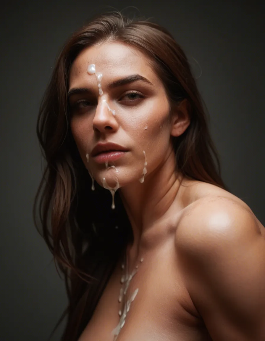 cum facial nude, sharp focus,, score_9, score_8, candid photo, realistic skin texture, visible skin pores, film grain, depth of field