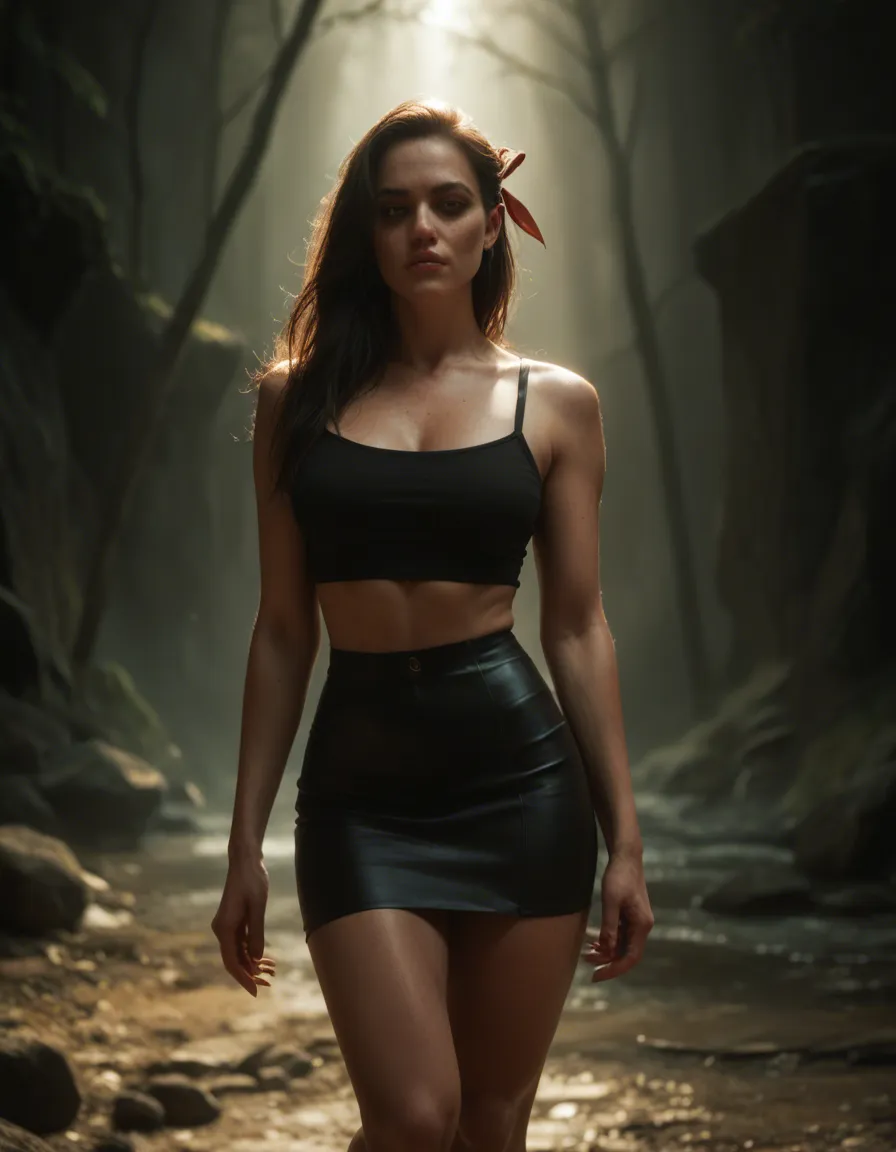 highly detailed, natural lighting, succubus, hair ribbon, black skirt, leg up, cinematic realism, score_9, score_8, candid photo, realistic skin texture, visible skin pores, film grain, depth of field