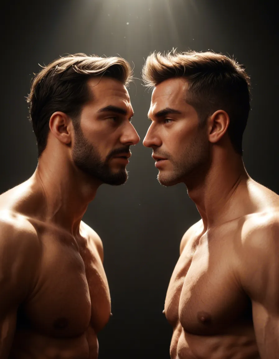 studio quality, sharp focus, 2boys, mole, puffy sleeves, fully nude, spotlight, hyperrealistic, score_9, score_8, candid photo, realistic skin texture, visible skin pores, film grain, depth of field