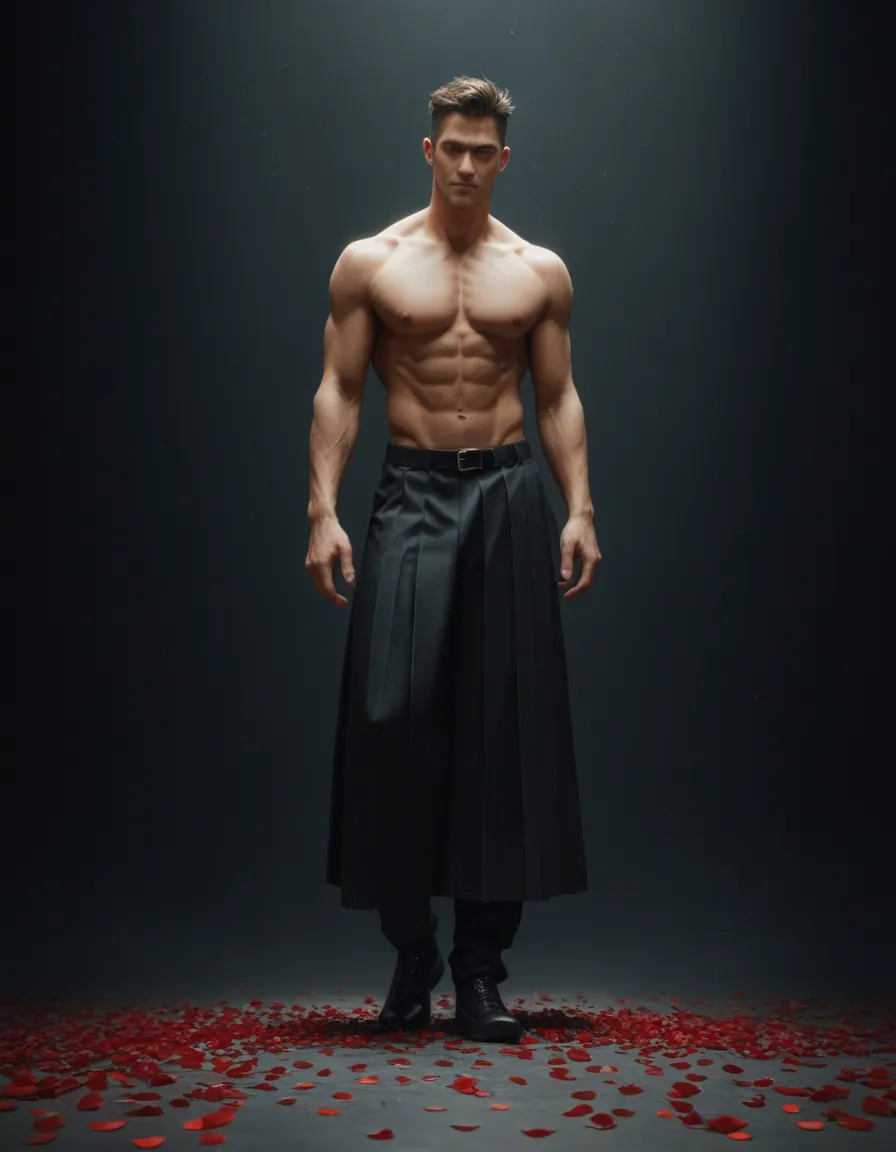 highres, sharp lines, male focus, topless, black footwear, skirt, petals, studio anime look