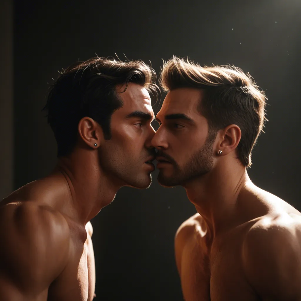 highly detailed, natural lighting, 2boys, earrings, teasing, studio lighting, lifelike render