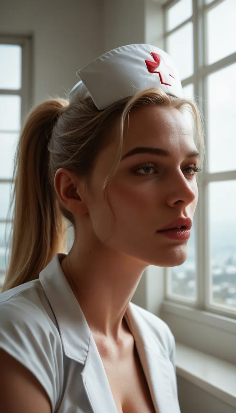 8k, sharp focus, detailed skin, nurse, ponytail, official alternate costume, orgasm, window light, lifelike render, 20 year old blonde with pigtails, she is having vaginal sex with a fat old man, he has a look on his face like he is trying not to cum, she looks nervous and excited