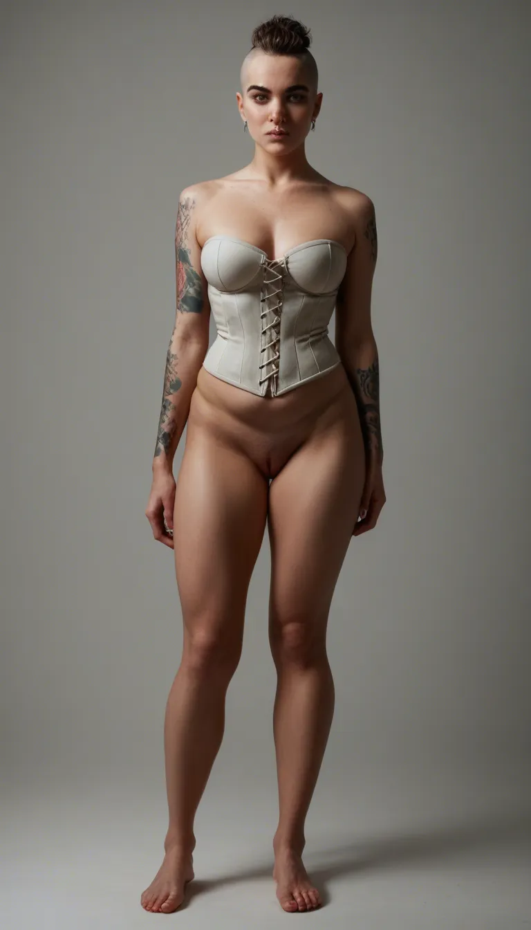 A plain but cute chubby woman with shaved hair removes her corset. She has tattoos and a nose ring. Full body image.