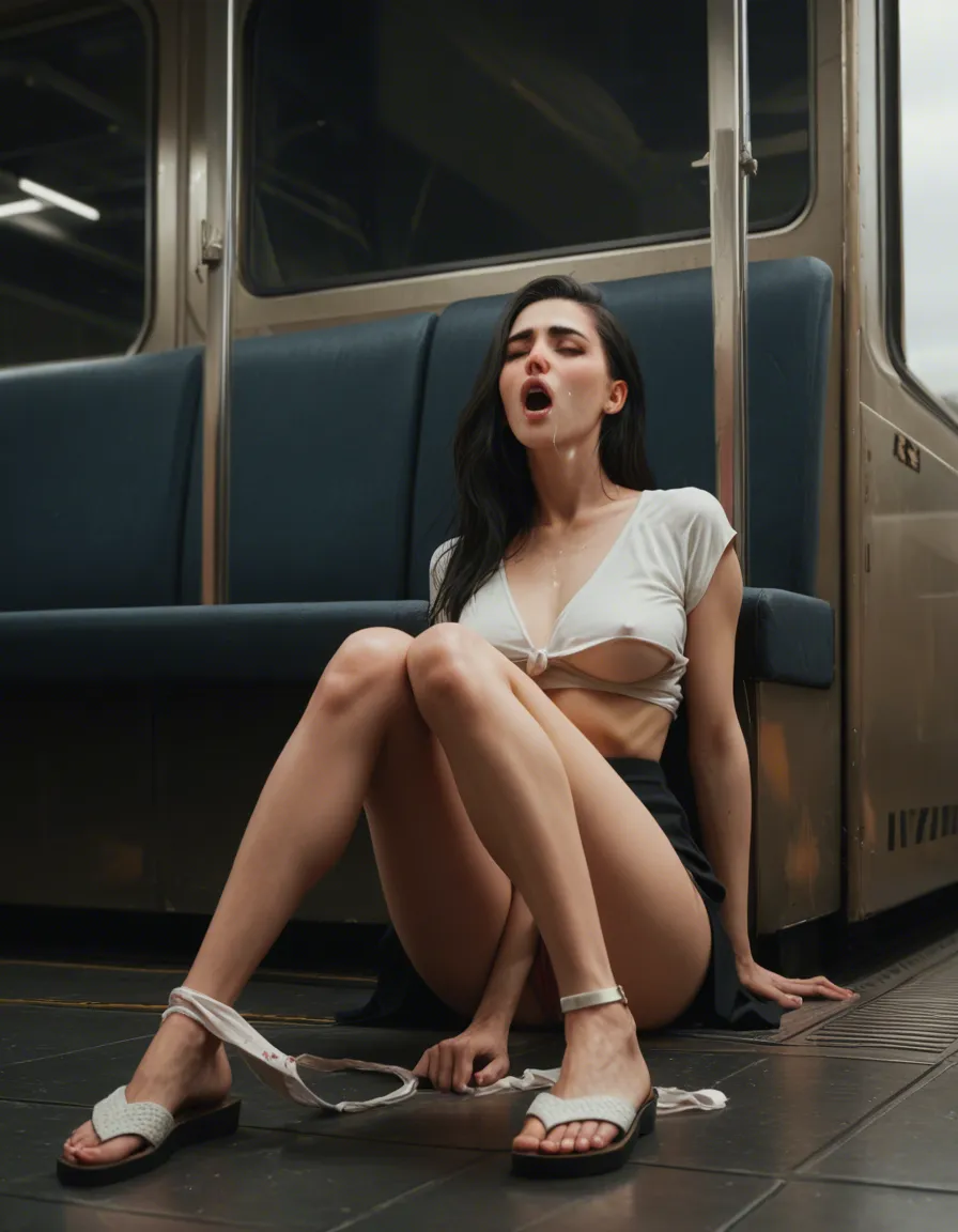 Slim woman long black hair, smaĺl heart shaped face, small mouth, mouth open, orgasm ,head tilted. Sitting on train facing away, panties around knees, blouse erect nipples and miniskirt , legs_together, feet on floor with lace sandals, masturbating, legs_together female_masturbation,, score_9, score_8, candid photo, realistic skin texture, visible skin pores, film grain, depth of field
