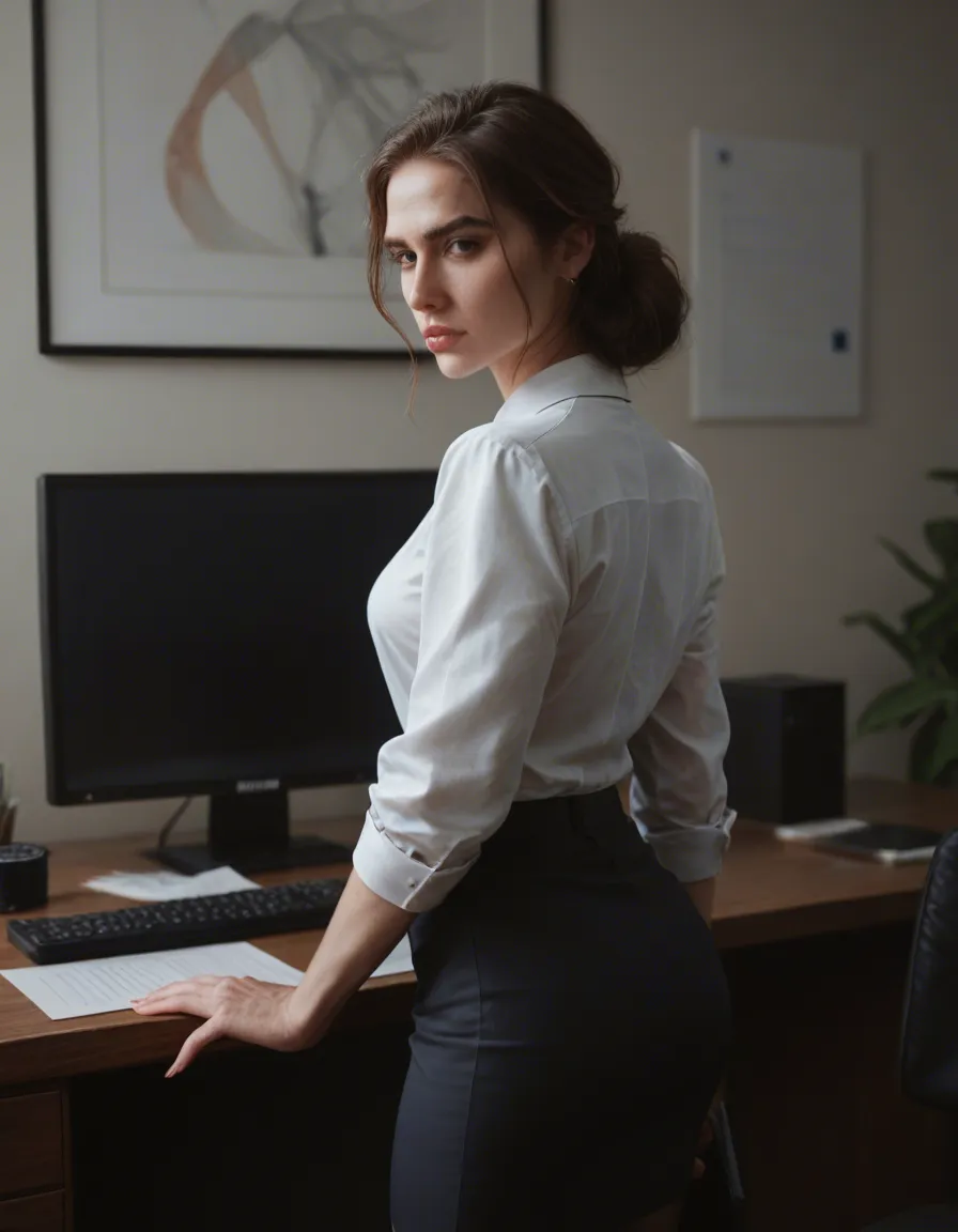 ultra HD, lifelike, office lady, puffy sleeves, bondage, dslr quality, score_9, score_8, candid photo, realistic skin texture, visible skin pores, film grain, depth of field