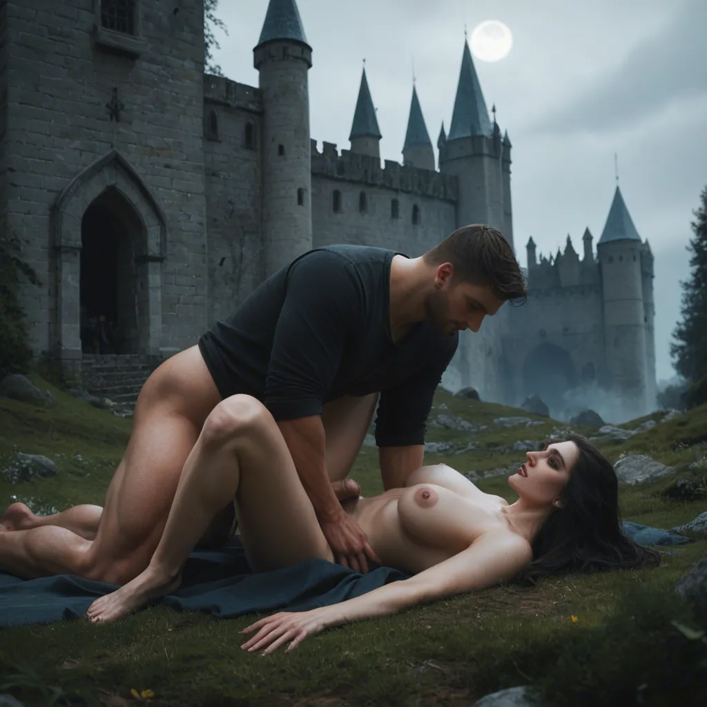 midnight, medieval castle garde, outdoors , moonlight, volumetric lights, 1futa, 1man, male on futa, missionary anal sex, the futa lays an her back and gets anal fucked by the man, the futa have a very small flaccid penis, long blonde hair, skinny, abs, the man is a black haired skinny dude with big penis., score_9, score_8, 3d render, octane render, subsurface scattering, ray tracing, smooth shading