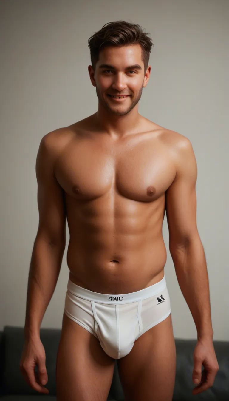 Sensual portrait of a chubby young man with a soft rounded belly and thick body, dark short hair, charming smile, wearing only tight white briefs underwear with a very prominent clearly defined erect bulge outline visible through the fabric, one hand resting on top of the underwear gently cupping the bulge from outside without going inside, provocative and alluring pose, warm golden lighting, intimate bedroom setting, cinematic photography, shallow depth of field, photorealistic
