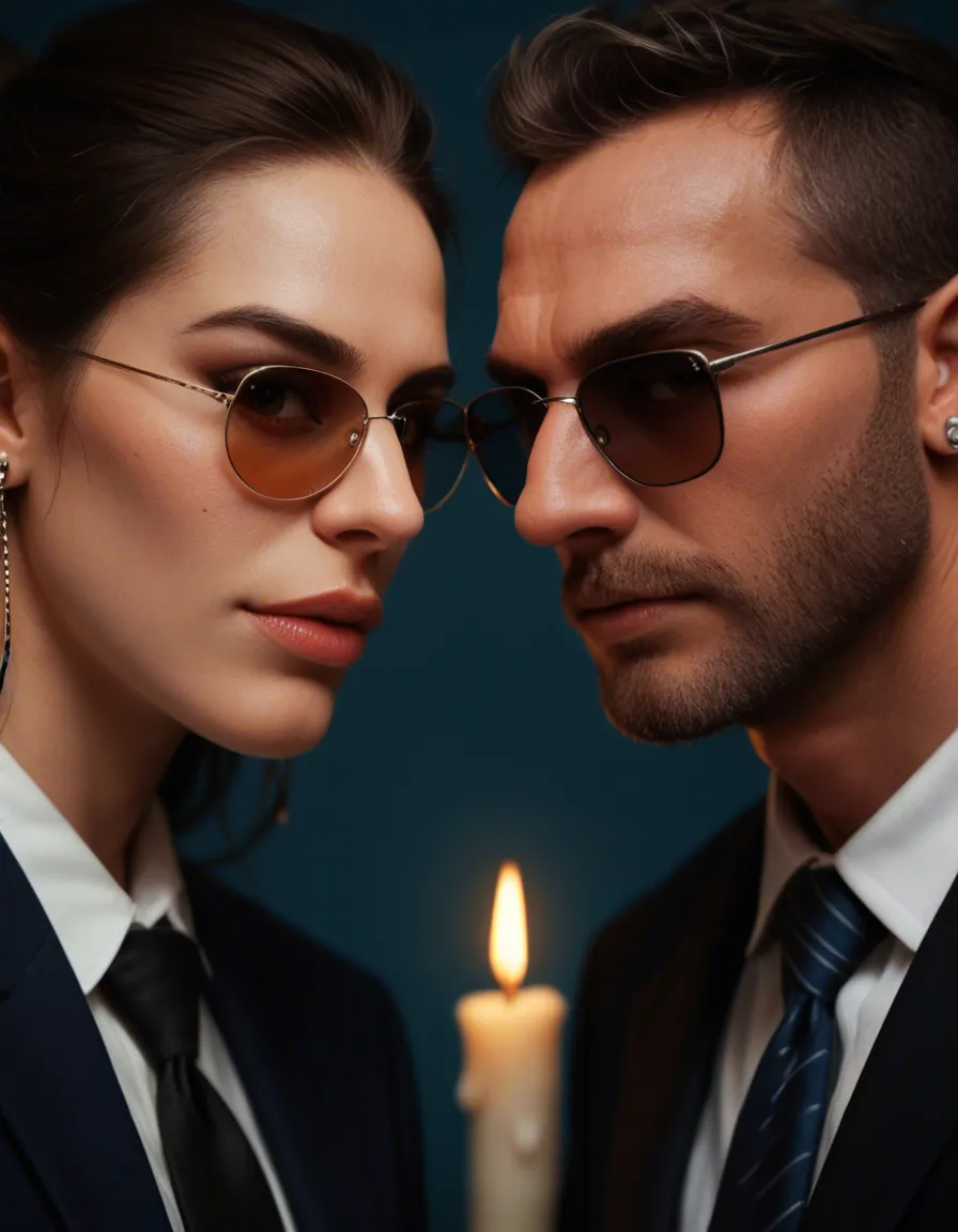 professional photo, high detail, 2boys, sunglasses, earrings, presenting, blue background, close-up, candlelight, hyperrealistic, score_9, score_8, candid photo, realistic skin texture, visible skin pores, film grain, depth of field