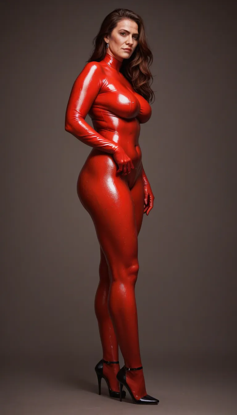 Bbw tall milf,sweaty, cum, staring at viewer, wearing red Zipped crotch latex leggings , heels, opera gloves, sex_from_behind with man, holding her own tits, hyperrealist