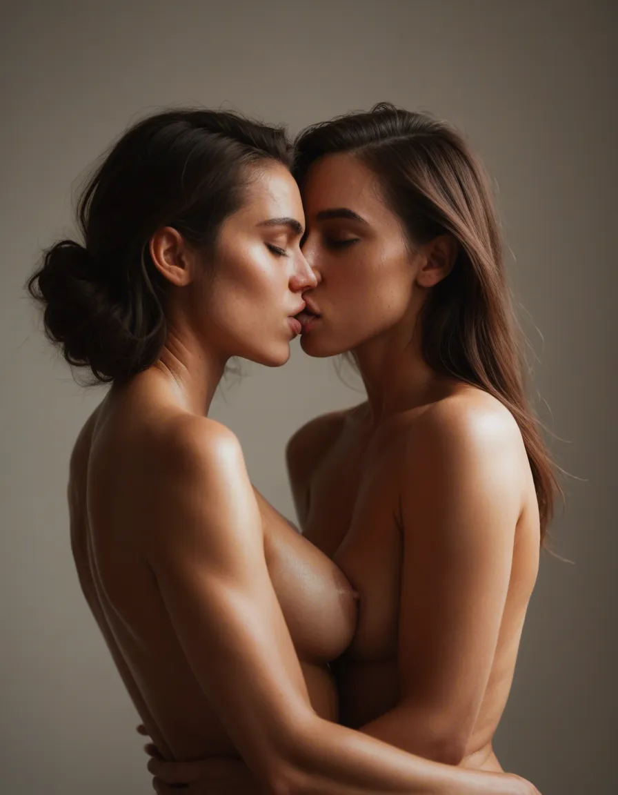 Lesbian kiss, score_9, score_8, candid photo, realistic skin texture, visible skin pores, film grain, depth of field