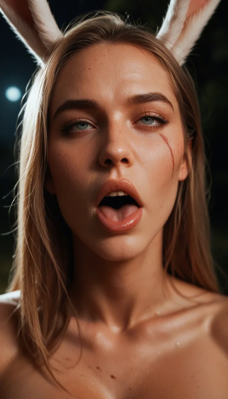 highly detailed, natural lighting, extreme close-up, bunny woman, ahegao, scar, night, confident gaze, natural skin texture