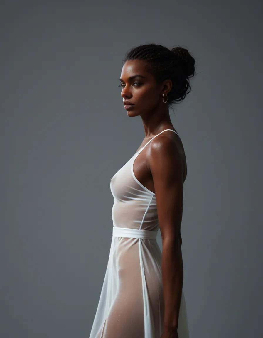 dark_skin dark-skinned_female white_dress see-through_clothes from_side, score_9, score_8, candid photo, realistic skin texture, visible skin pores, film grain, depth of field