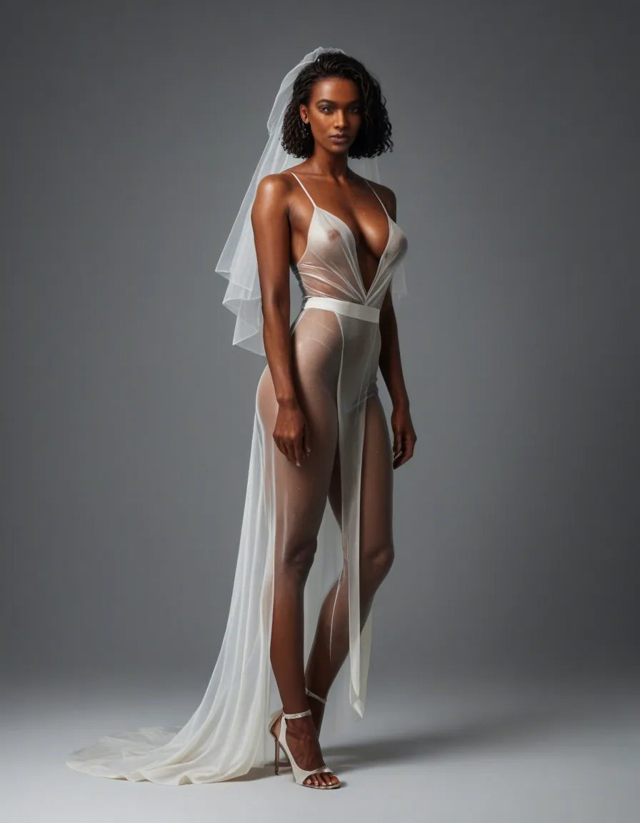 dark_skin dark-skinned_female wedding_dress see-through_clothes from_side full_body, score_9, score_8, candid photo, realistic skin texture, visible skin pores, film grain, depth of field