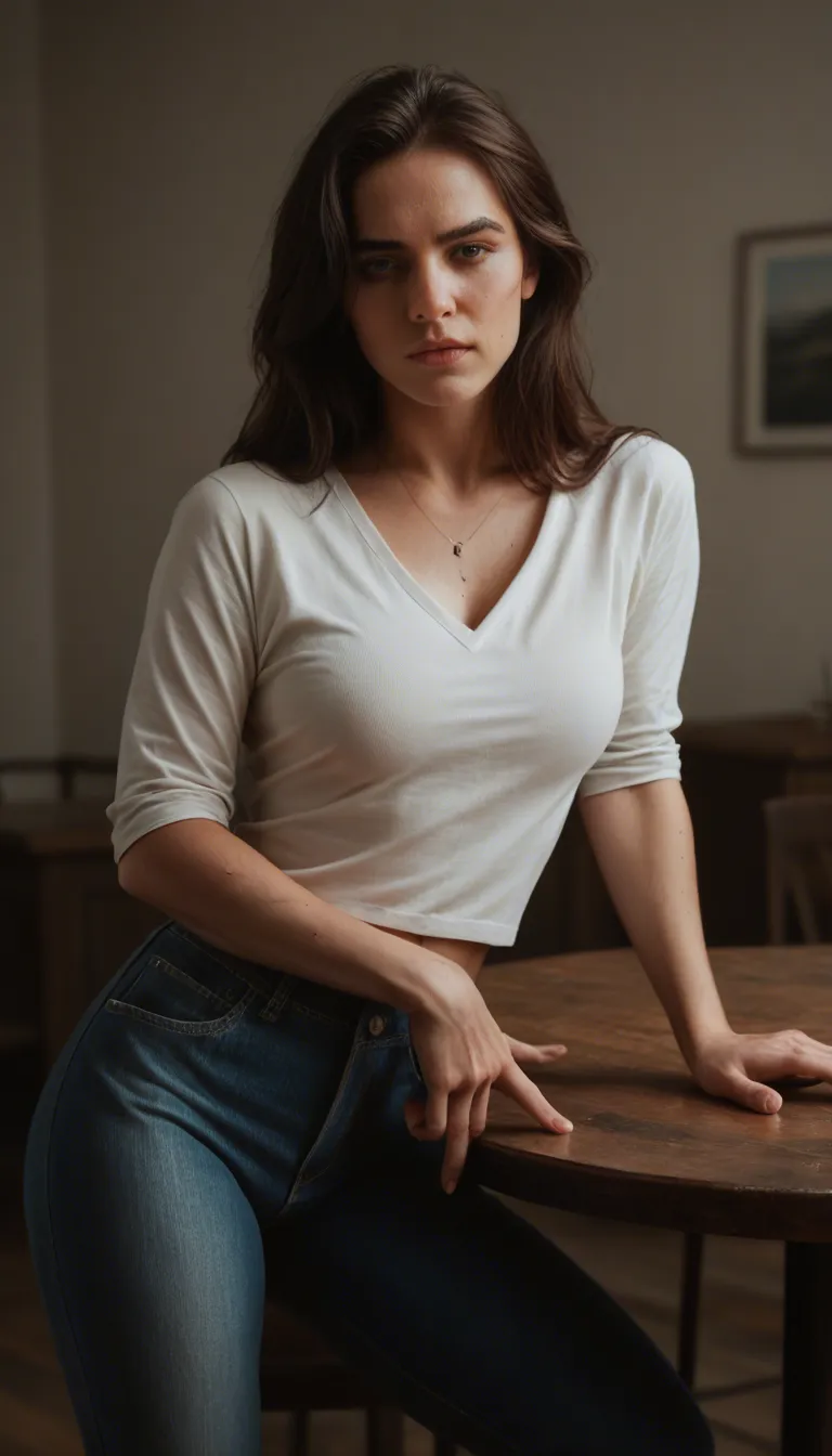 cinematic photo, 8k, brunette woman, scar, pants, fingering, table, film photography