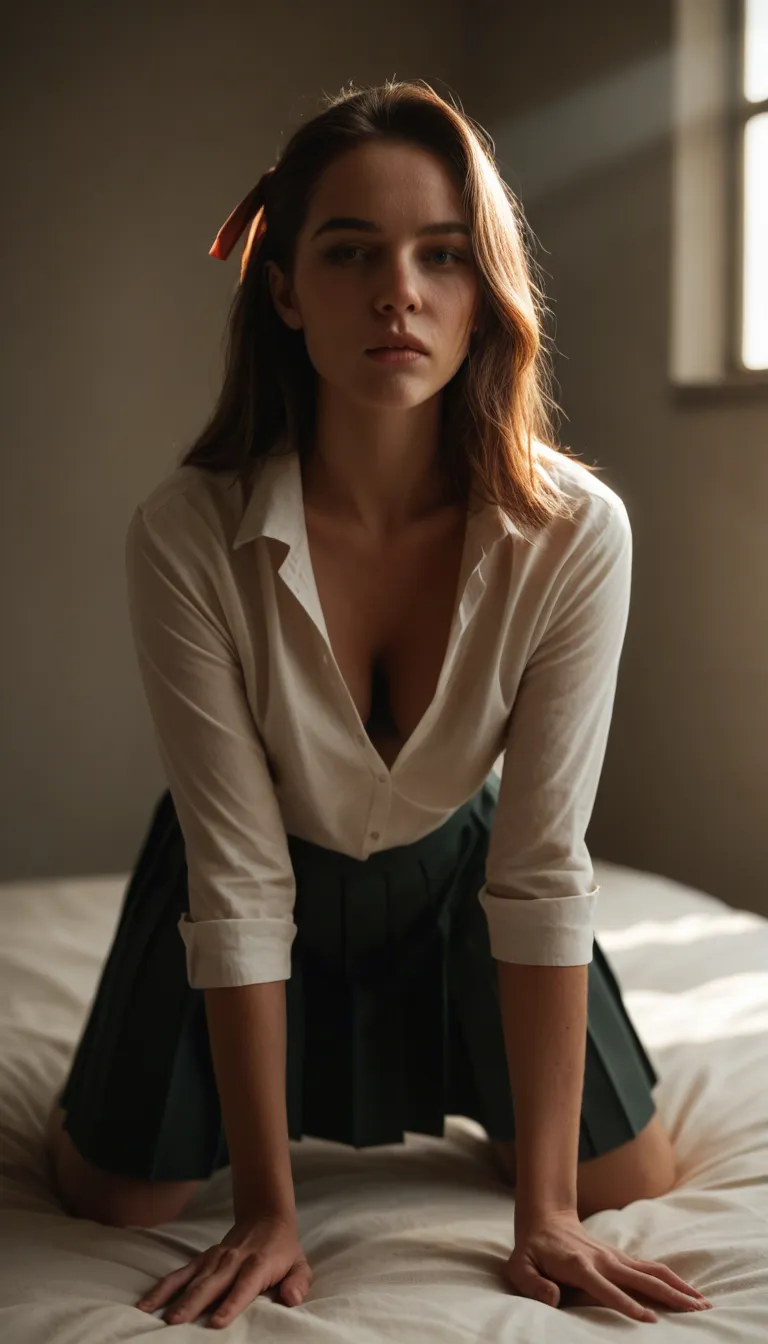 highly detailed, natural lighting, solo, hair ribbon, pleated skirt, on all fours, cool tones, cinematic realism
