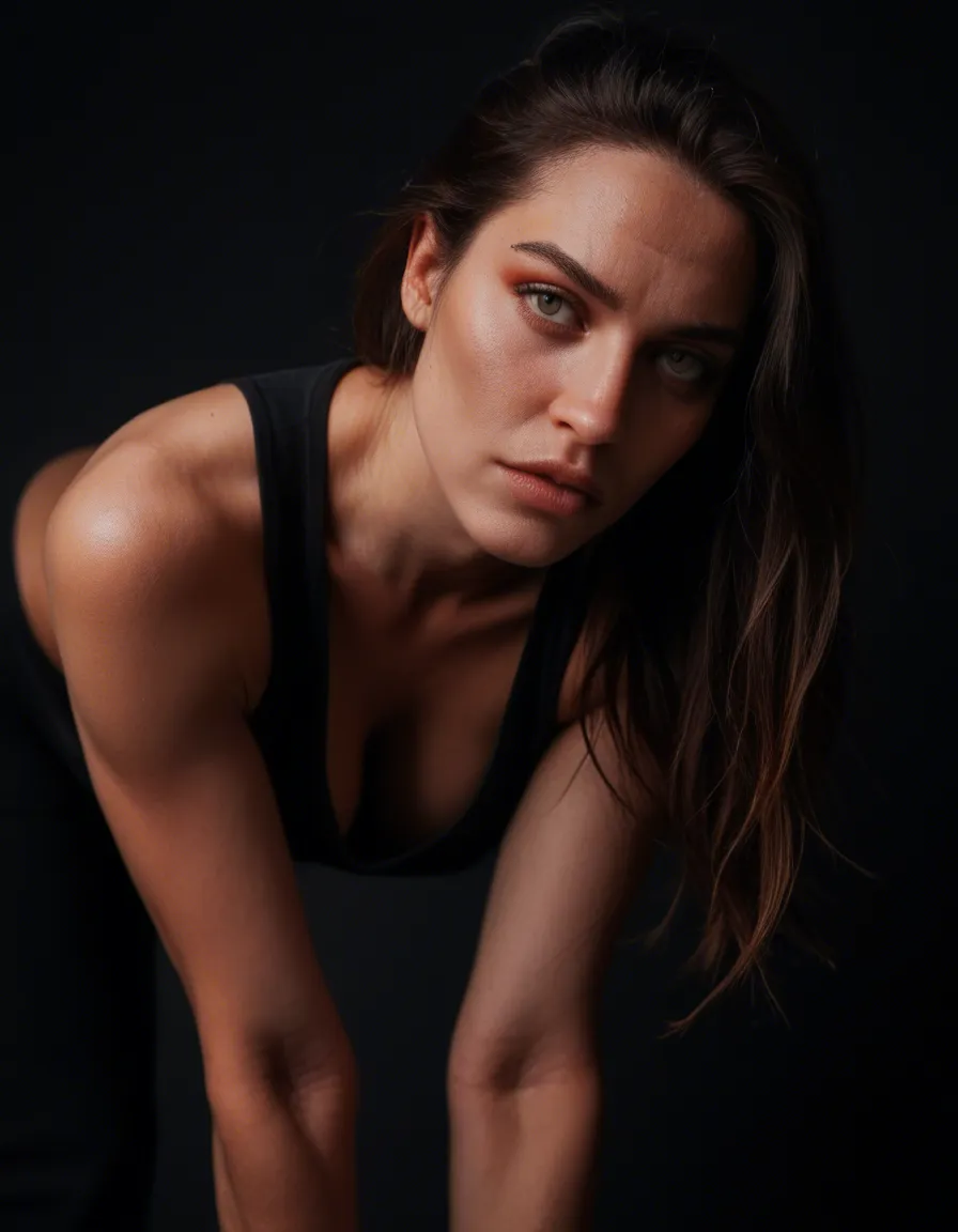 RAW photo, ultra realistic, close-up, demon girl, bent over, feet out of frame, black background, wild energy, hyperrealistic, score_9, score_8, candid photo, realistic skin texture, visible skin pores, film grain, depth of field