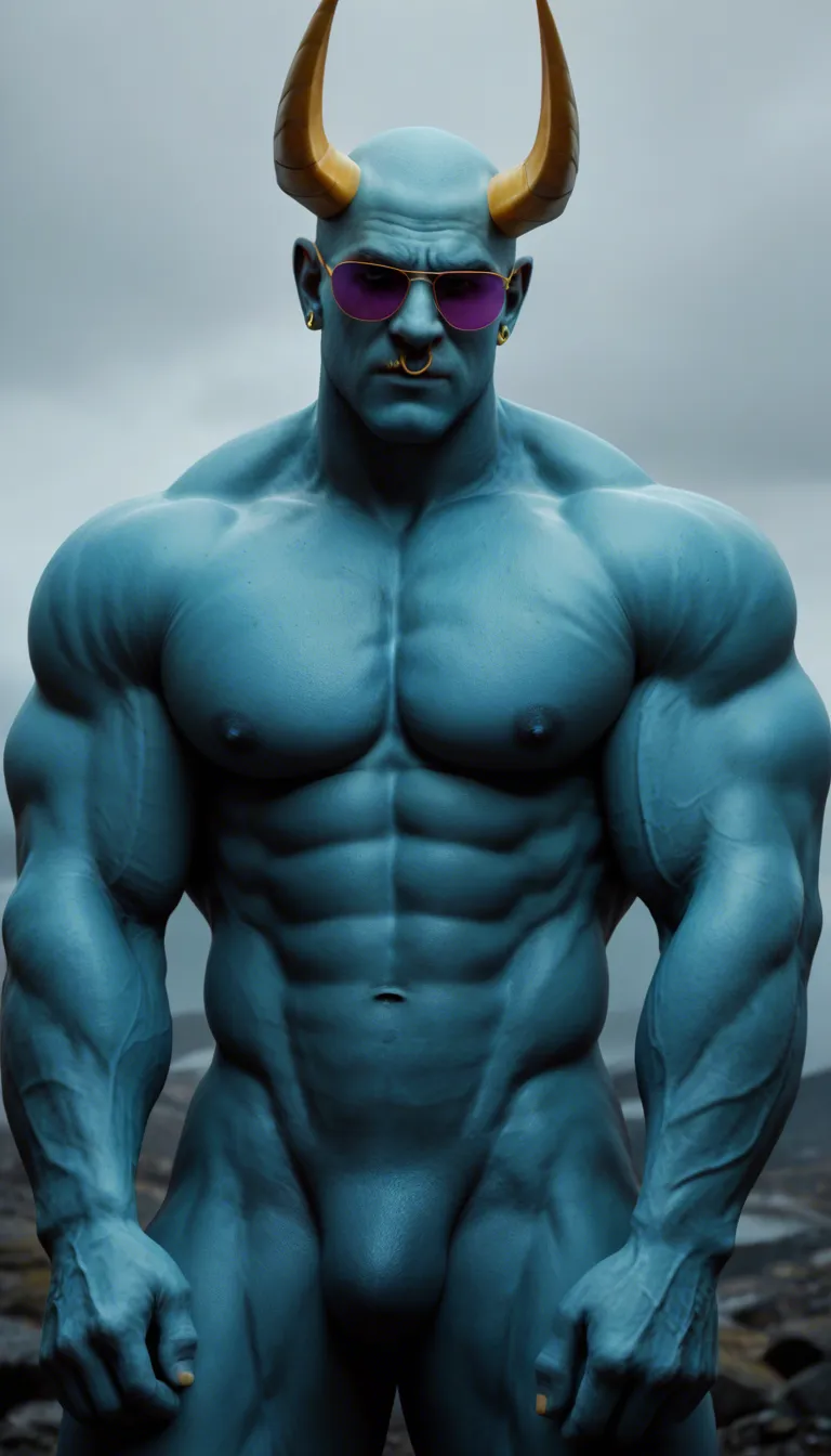 Naked buff cyan male bull, big and huge muscles, cyan body, yellow horns, yellow ear piercings, yellow nose ring, pink nose, purple sunglasses, thick black eyebrows, tattoo on back, tattoos on shoulders, tattoos on arms, smiling, grinning, bull tail, big butt, blue body, anal, gay, sex, penis in the bull's anus, club background, party lights